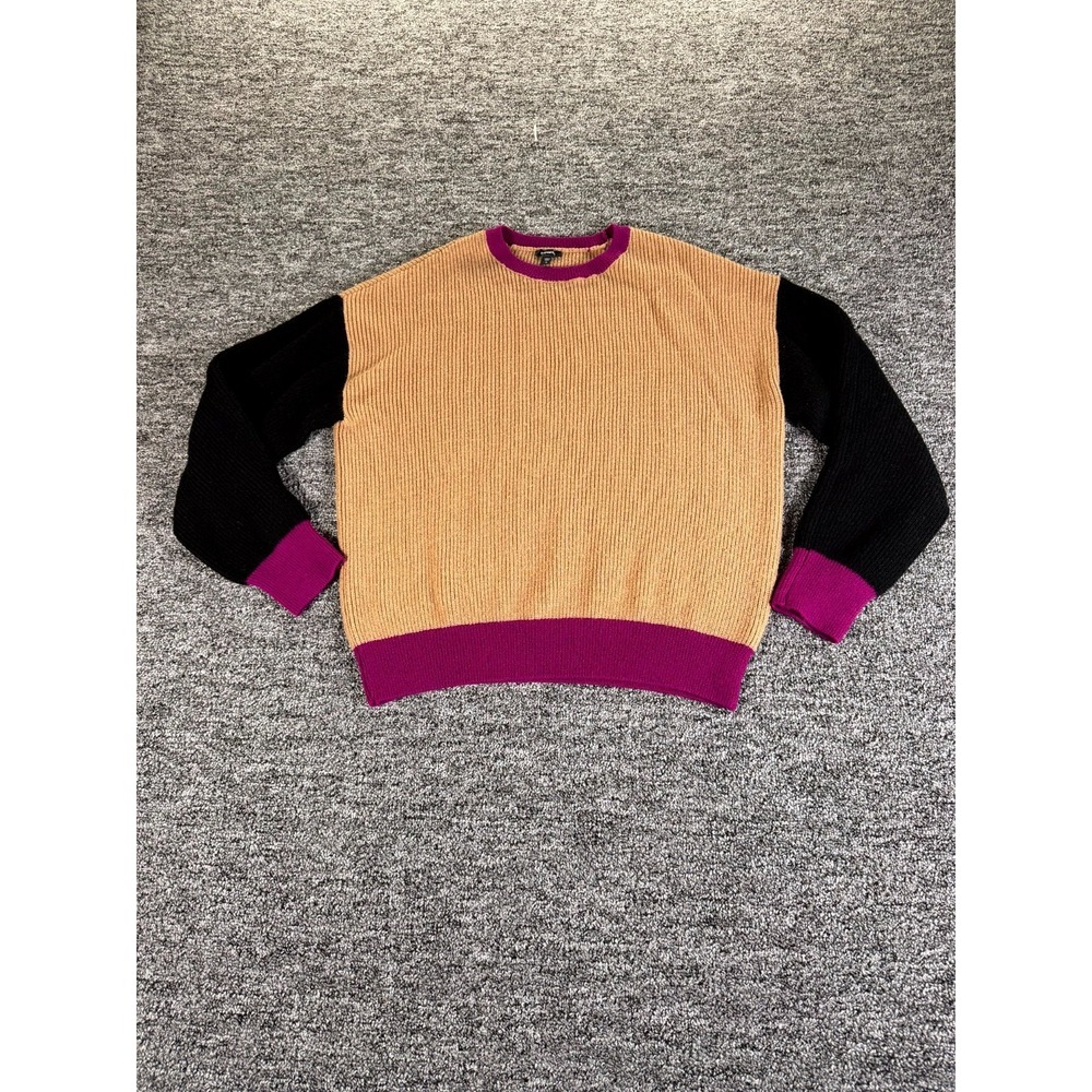 Express Pullover Sweater Women's Small Tan Black Ribbed Knit Relaxed Crew Neck